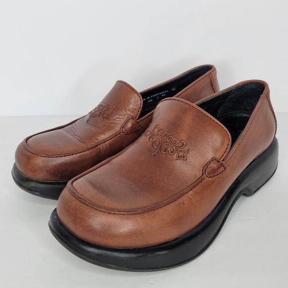 DANSKO Royal Romance Leather Embroidered Chunky Clog Loafers Brown sz 38 - Picture 1 of 10